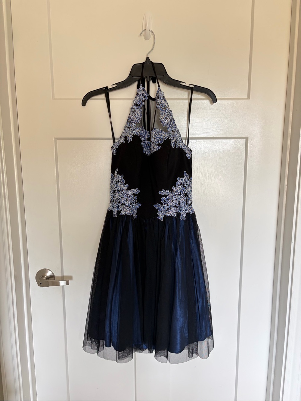 Blondie Nites Beaded Halter Formal Homecoming Dress Blue Black Size 3